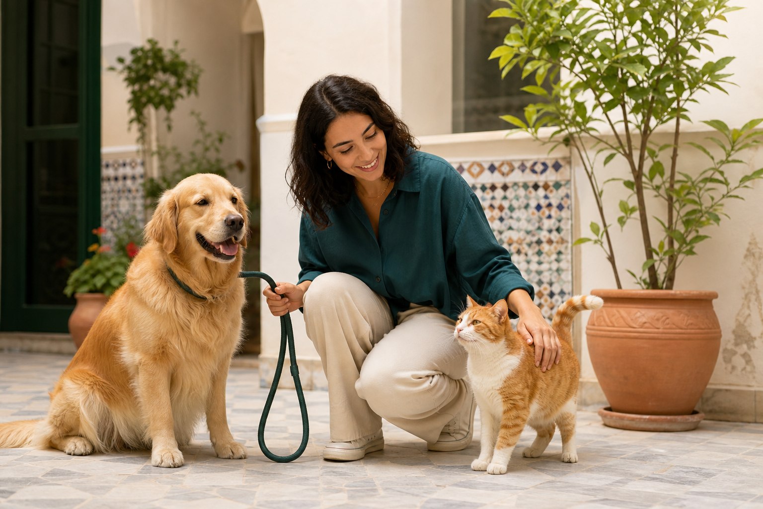 Pet sitter marocaine prenant soin d’un chien et d’un chat dans un patio